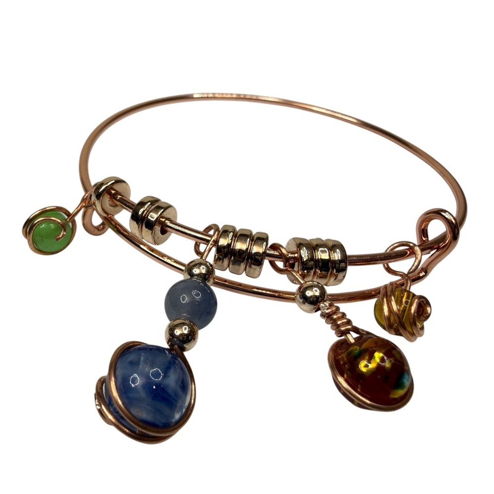 Adjustable Rose Gold Tone Bangle Bracelet with Colorful Wire Wrapped Glass Bead